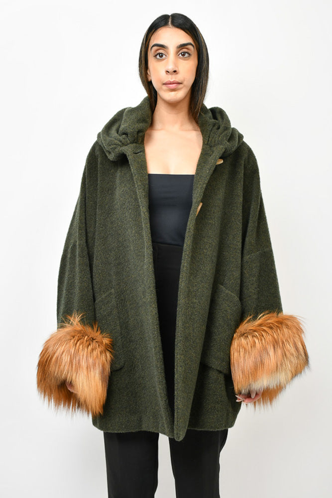 Fendi Olive Green Wool Fur Trimmed Sleeve Dress Coat Size 40
