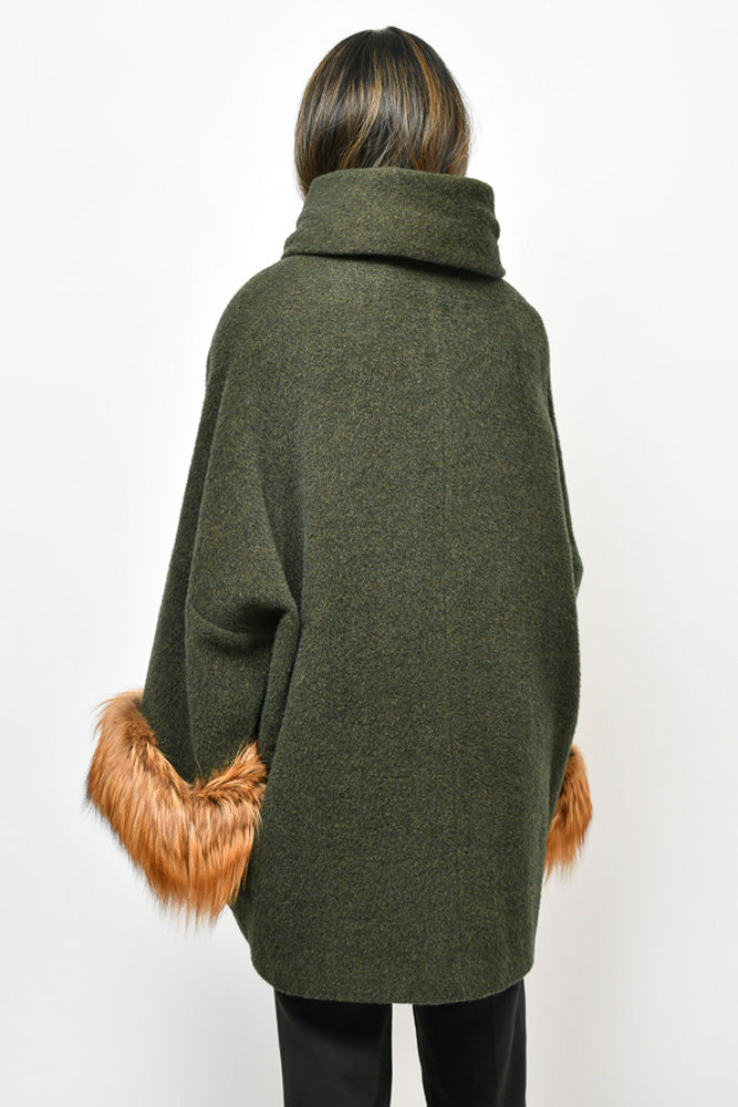 Fendi Olive Green Wool Fur Trimmed Sleeve Dress Coat Size 40