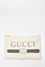 Gucci Cream Pebble Leather Logo Front Zip Clutch