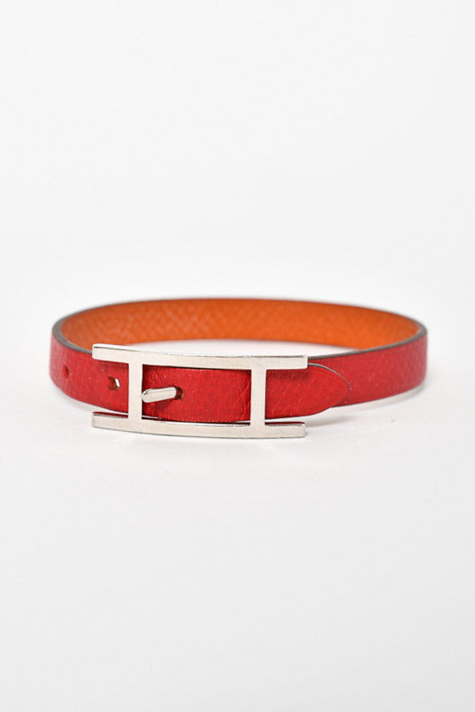 Hermes Red Leather H Buckle Behapi Bracelet w/ SHW
