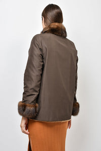 Holt Renfrew Brown Fur/Nylon Reversible Midi Coat with Fur Cuff & Neckline