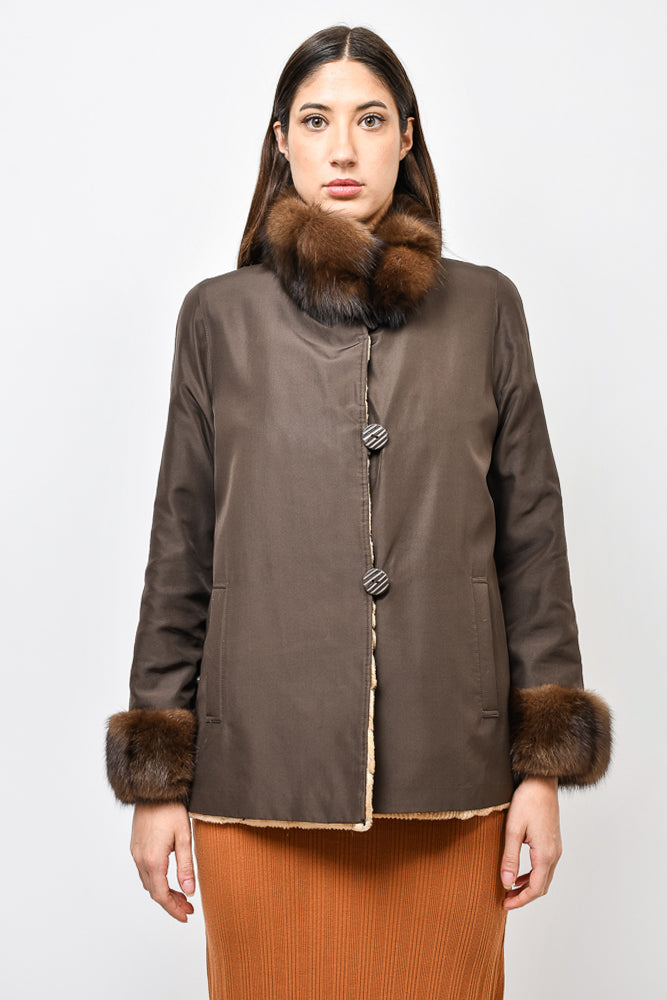 Holt Renfrew Brown Fur/Nylon Reversible Midi Coat with Fur Cuff & Neckline