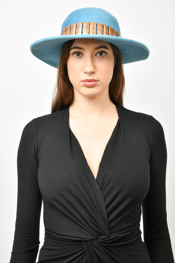Lilliput Hats Blue Wool Fedora With Feather Detail