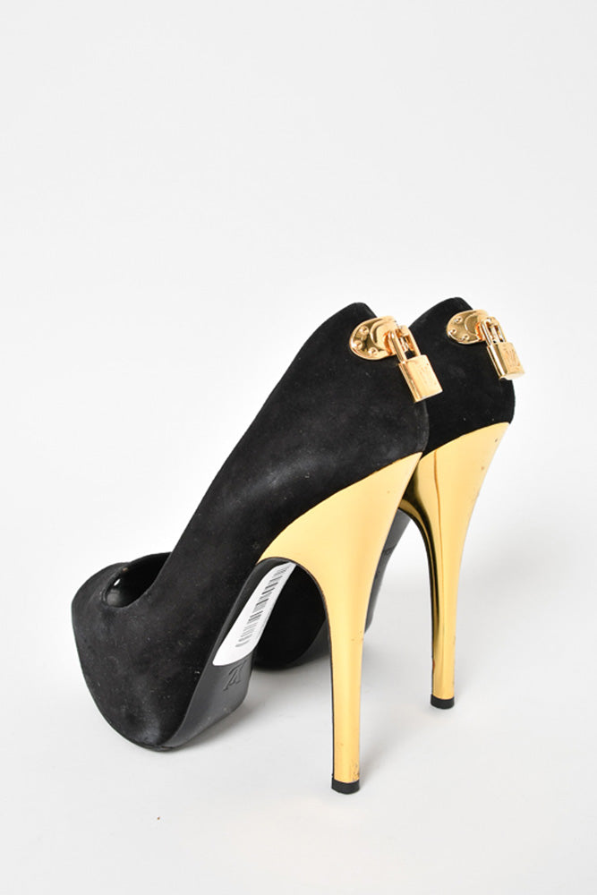 Louis Vuitton Black Suede/Gold Heel Peep Toe Lock Detail Pumps Size 35.5