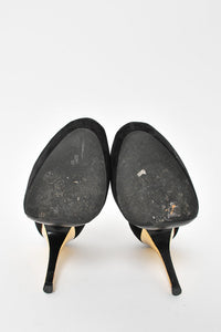 Louis Vuitton Black Suede/Gold Heel Peep Toe Lock Detail Pumps Size 35.5