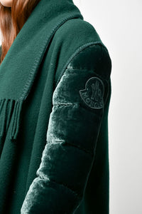 Moncler Green Wool/Velvet Quilted Down Sleeve Fringe Draped Jacket Est. Size S