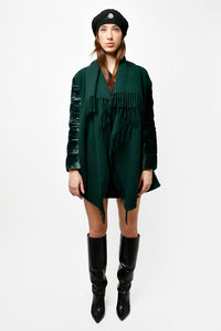 Moncler Green Wool/Velvet Quilted Down Sleeve Fringe Draped Jacket Est. Size S