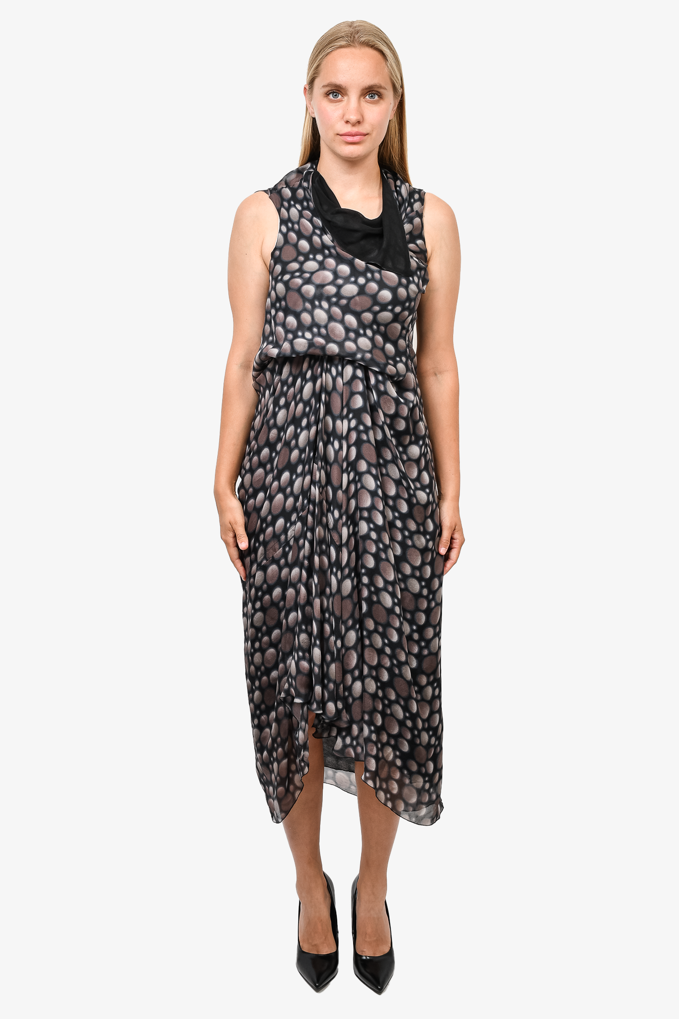 Rick Owens Black and Brown Silk Spotted Draped Dress