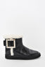 Roger Vivier Black Patent Leather Cream Shearling Lined 'Winter Viv' Buckle Boots Size 37