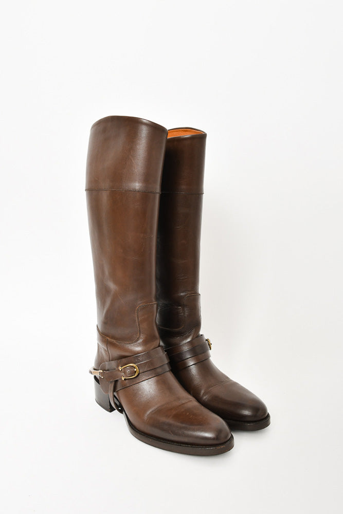 Sartore Brown Leather Knee Boots with Buckle Size 36