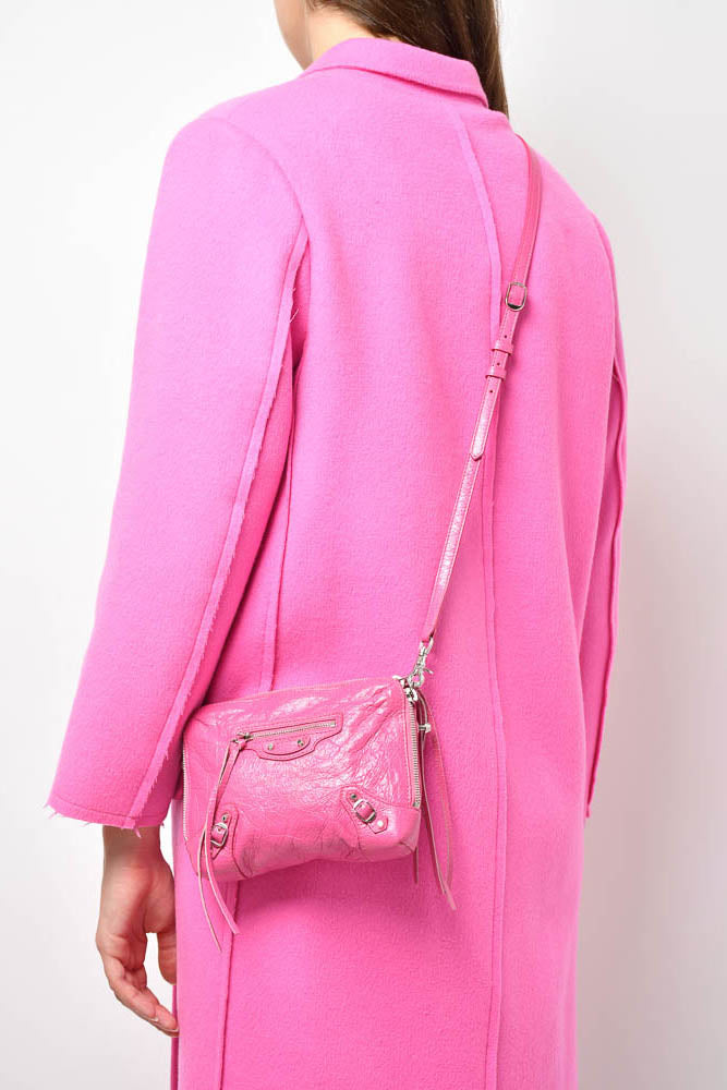 Balenciaga Pink Crinkled Leather Mini Pouch with Crossbody Strap
