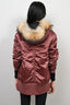 Burberry London Muted Red Satin Longline Bomber Jacket with Fur Trim Hood Size XS
