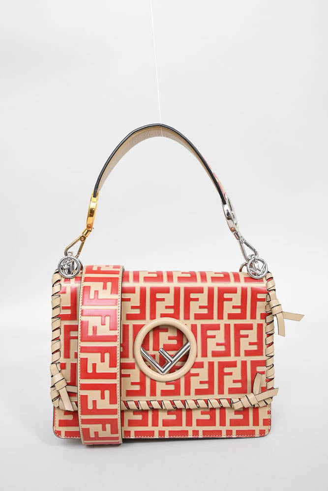 Fendi Beige/Red Zucca Leather Small Whipstitched Kan I Top Handle Bag w/ Strap