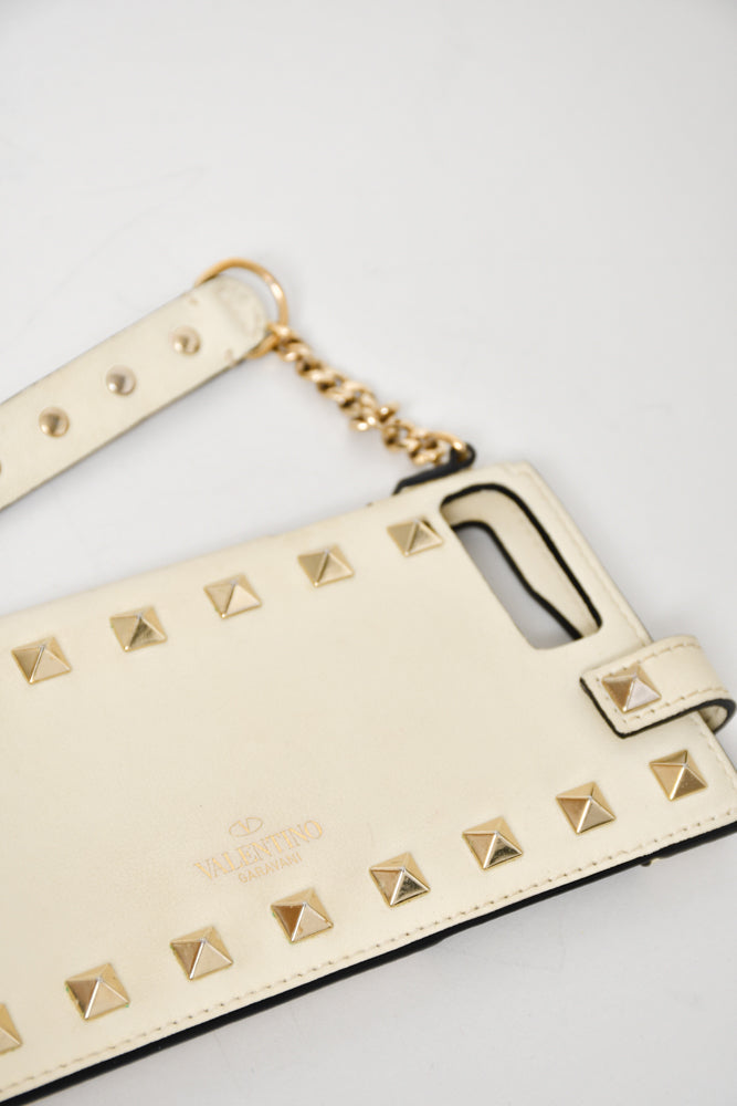 Valentino Cream Leather Rockstud 8 Plus Phone Case with Strap
