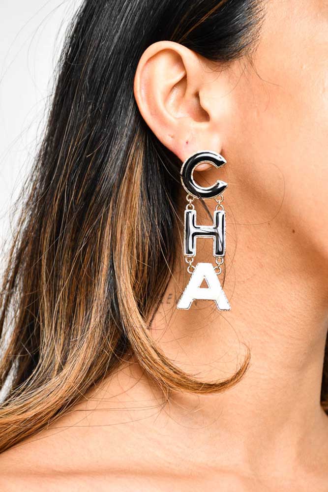 Chanel Black/White Enamel "CHA-NEL" Earrings 2022
