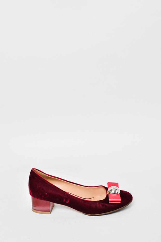 Salvatore Ferragamo Red Velvet Bow Heeled Flats Size 35.5