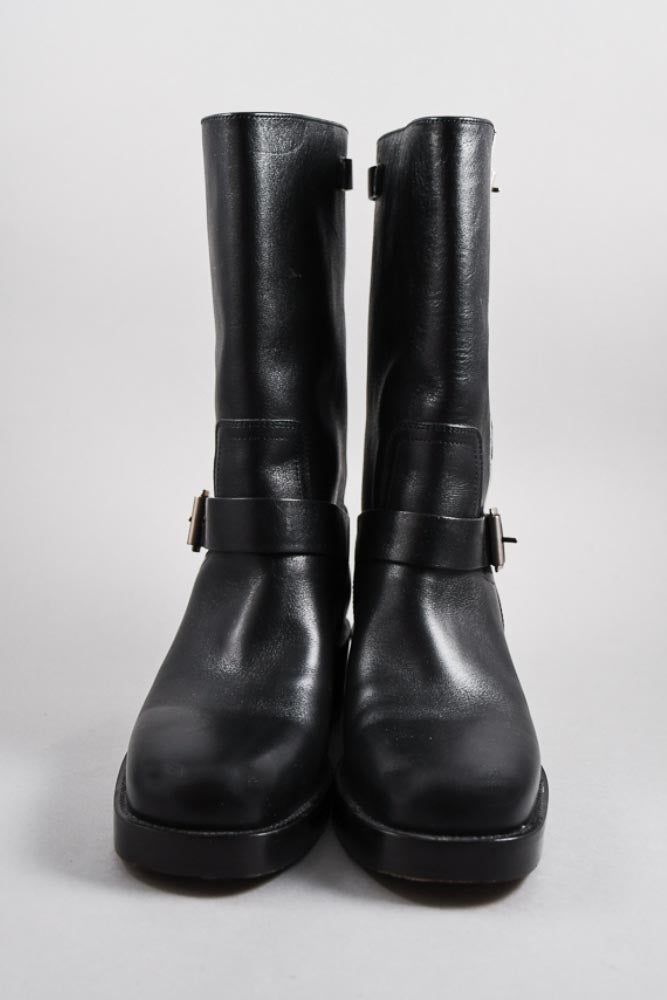 Christian Dior Black Leather Striped Moto Boot Size 35
