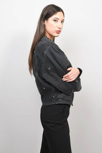 Isabel Marant Washed Black Balloon Sleeve Star Jem Detailed Denim Jacket Size 34