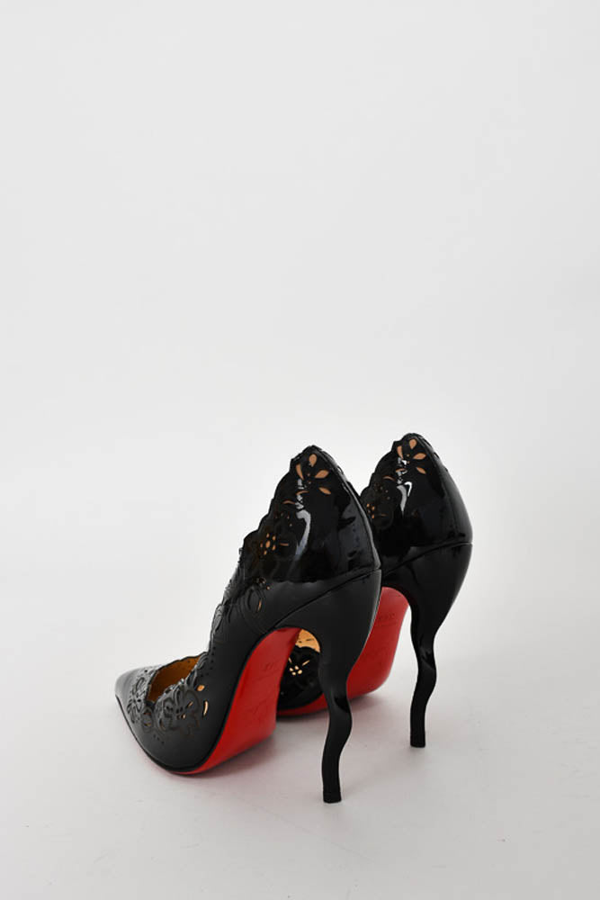 Christian Louboutin Black Patent Floral Waved Heeled Pumps Size 34.5