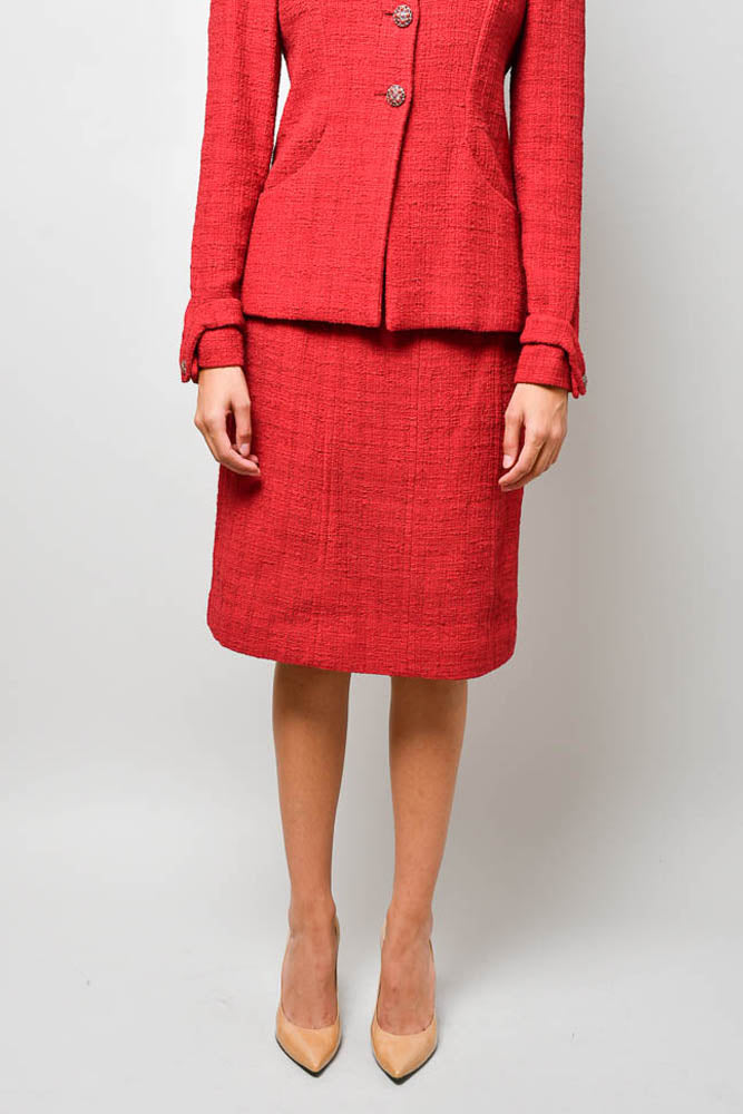 Chanel Vintage Red Tweed/Silk CC Button Blazer + Matching Skirt Set Size 40
