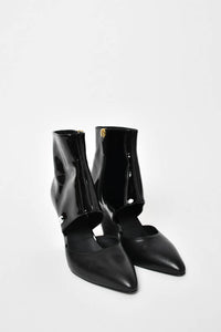 Pre-loved Chanel™ Black Leather/Patent Pointed Toe Ankle Boots Size 38