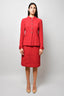 Pre-loved Chanel™ Red Tweed/Silk CC Button Blazer + Matching Skirt Set Size 40