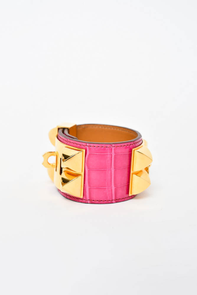 Hermes Fuchsia Pink Alligator Collier de Chien Bracelet